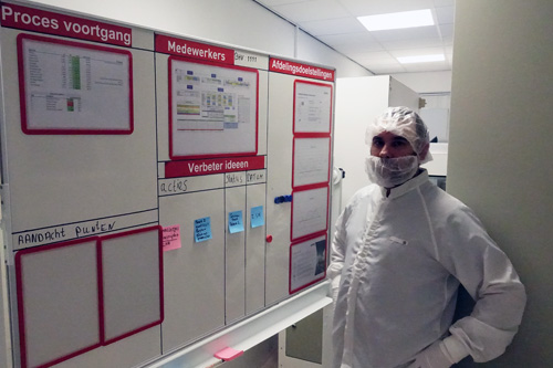 Jeffrey Staal bij een verbeterbord van een lijnvertegenwoordiger en zijn of haar team